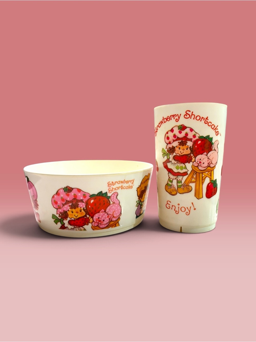 Vintage 1980s Strawberry Shortcake Plastic Bowl & Cup Set